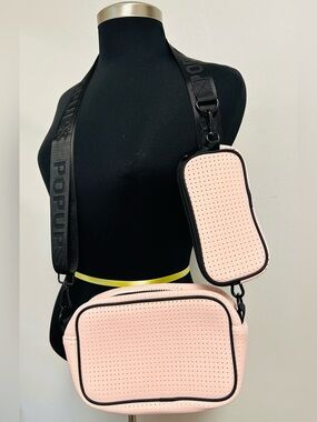 POPUPS 100% Luxe Neoprene Pink Camera Crossbody Shoulder Bag Attached Mini Pouch